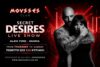 Promotional poster for Mousses Club's Secret Desires Live Show featuring a tattooed, shirtless man embracing a woman against a red-lit stage background.