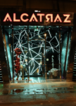 Nightclub entrance with glowing neon 'ALCATRAZ' sign above glass doors and a geometric light sculpture inside.