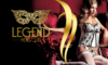 Promotional banner for Legend Men's Club featuring a gold masquerade mask logo and a woman in corset lingerie seated on a red velvet couch.