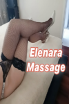 Promotional photo of a person’s legs in fishnet stockings and white heels on a couch, with 'Elenara Massage' text overlay.