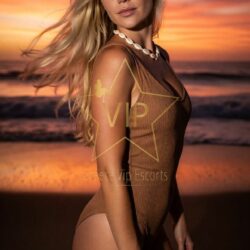 Woman on a sunset beach wearing a brown one‑piece swimsuit, with a shell necklace, looking over her shoulder as waves roll in; a yellow VIP watermark overlays the image.