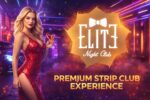 Blonde woman in a red sequin dress holds a cocktail at a neon-lit nightclub, beside the Elite Night Club logo and 'Premium Strip Club Experience' text.