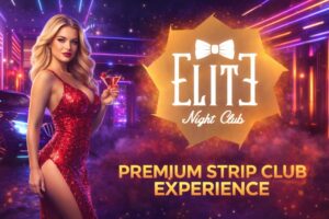 Blonde woman in a red sequin dress holds a cocktail at a neon-lit nightclub, beside the Elite Night Club logo and 'Premium Strip Club Experience' text.