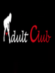 Logo with a white wolf silhouette and the words 'Adult Club' in white and red script on a black background
