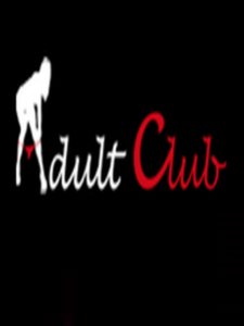 Logo with a white wolf silhouette and the words 'Adult Club' in white and red script on a black background