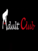 Logo with a white wolf silhouette and the words 'Adult Club' in white and red script on a black background